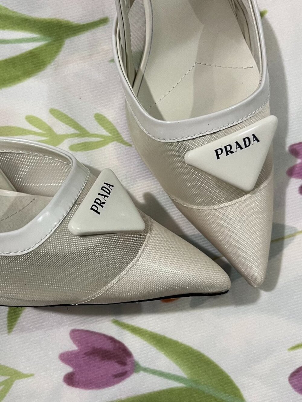 Prada Triangle Logo Mesh Open-Back High Heels - Picture 2 of 6